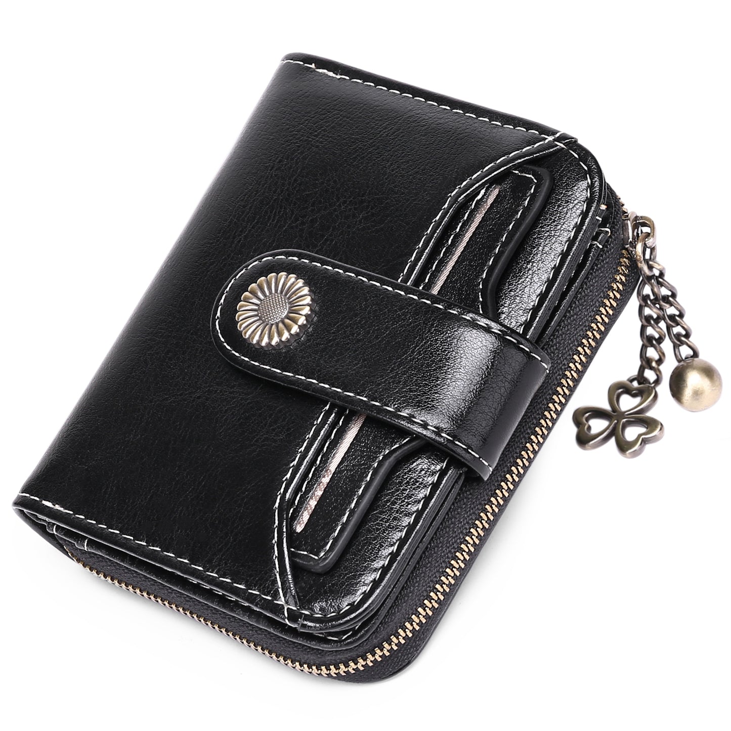 FALAN MULE Small Wallet for Women Leather RFID Blocking Bifold Zipper Pocket Card Holder with ID Window