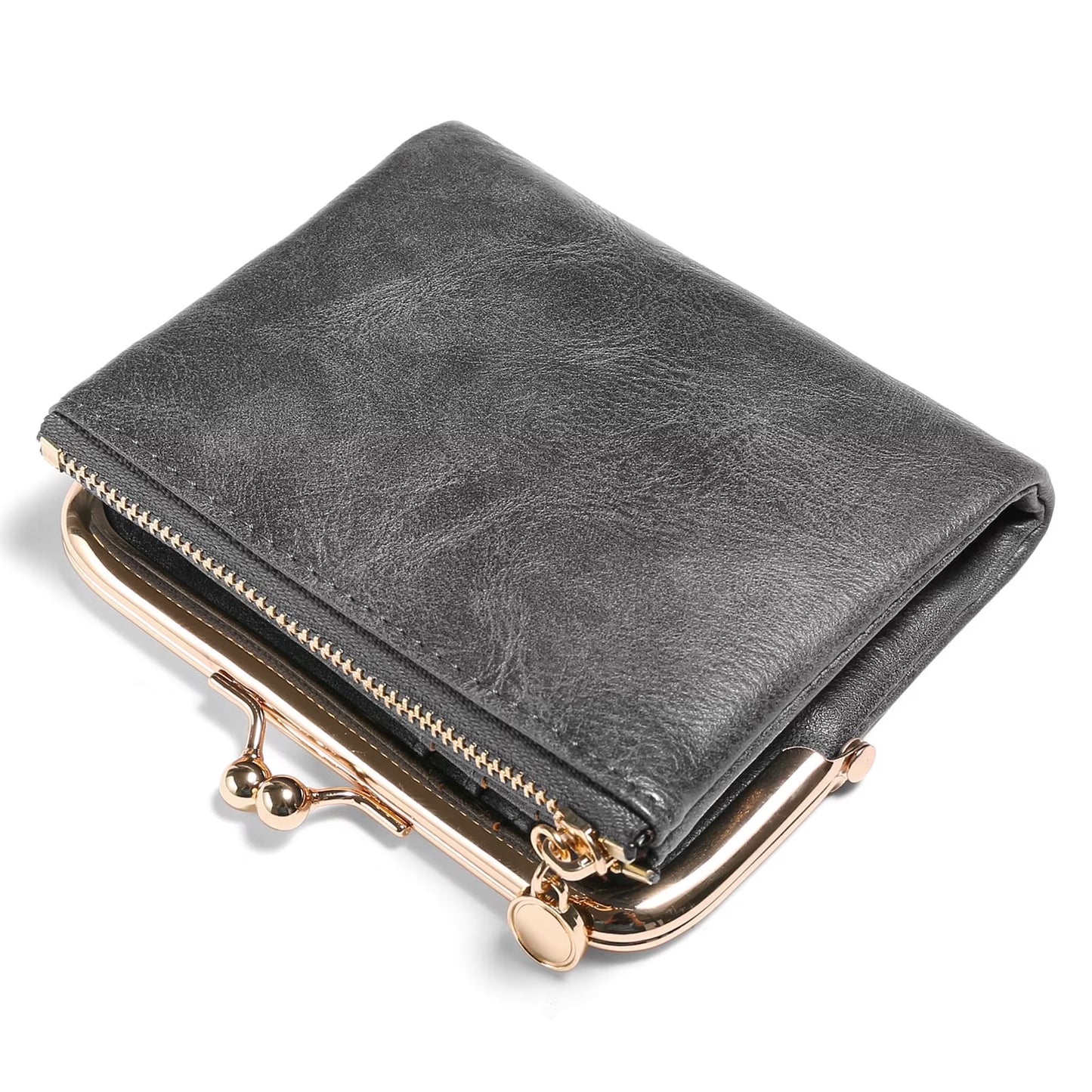 FALAN MULE Wallet Women Small RFID Blocking Bifold Leather Wallets for Women Vintage Coin Purse With Zipper and Kiss Lock