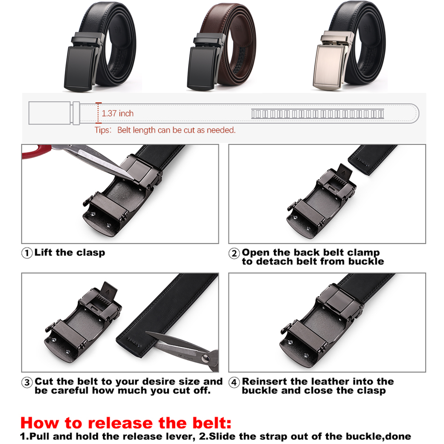 Falan Mule Men Genuine Leather Ratchet Belt with Automatic Click Buckle,Dress Belt for Men with Gift Box