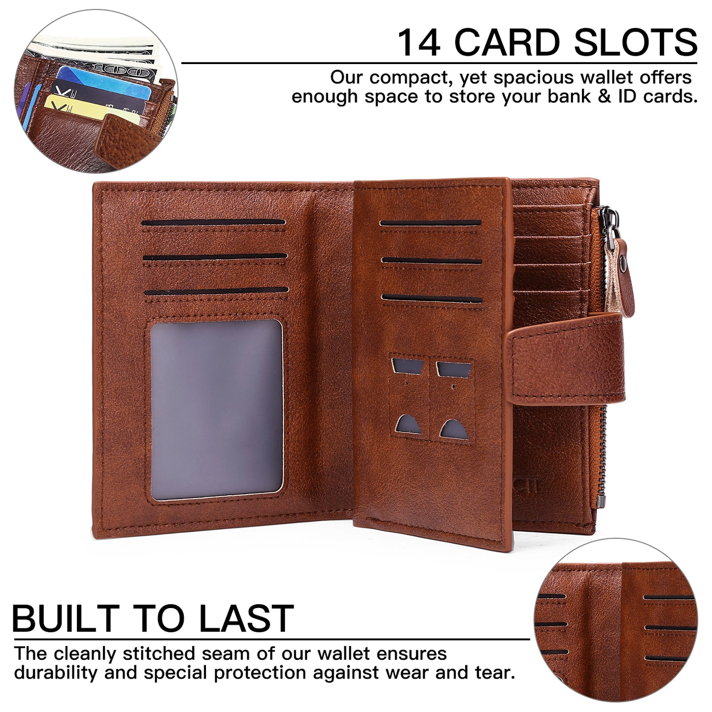 FALAN MULE Men's Wallet Leather RFID Blocking Bifold Zipper Coin Pocket Wallet with 4 ID Window