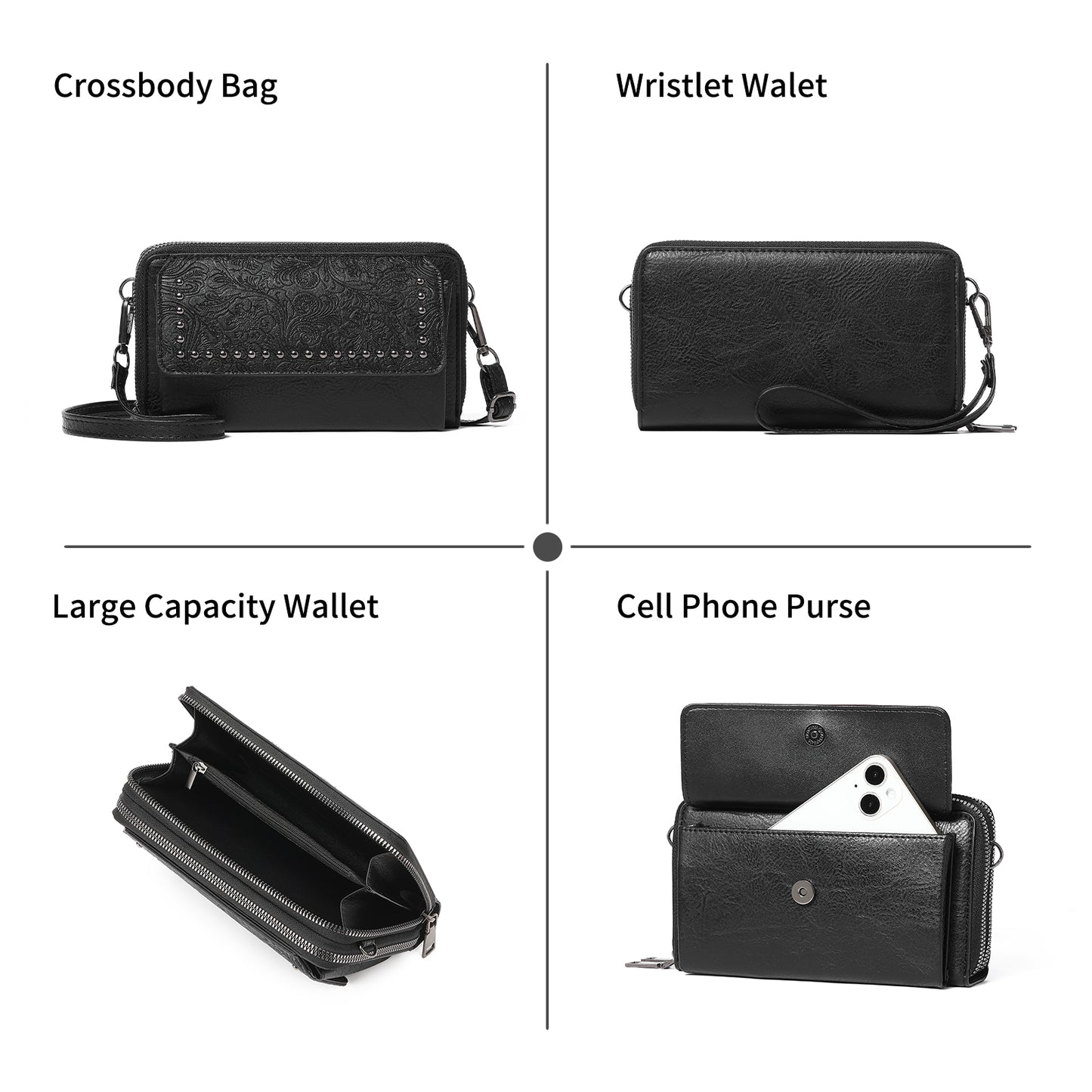 FALAN MULE Crossbody Bags for Women Small Leather Cell Phone Wallet Wristlet Purse with Zip Around 2 Strap