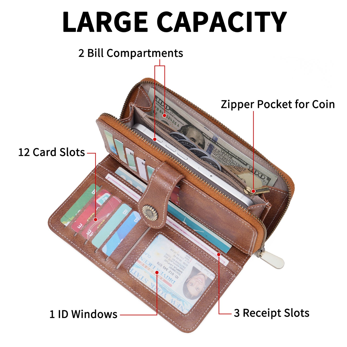 FALAN MULE Womens Wallet RFID Blocking Large Capacity Bifold Leather Credit Card Holder with Zipper Pocket Purse