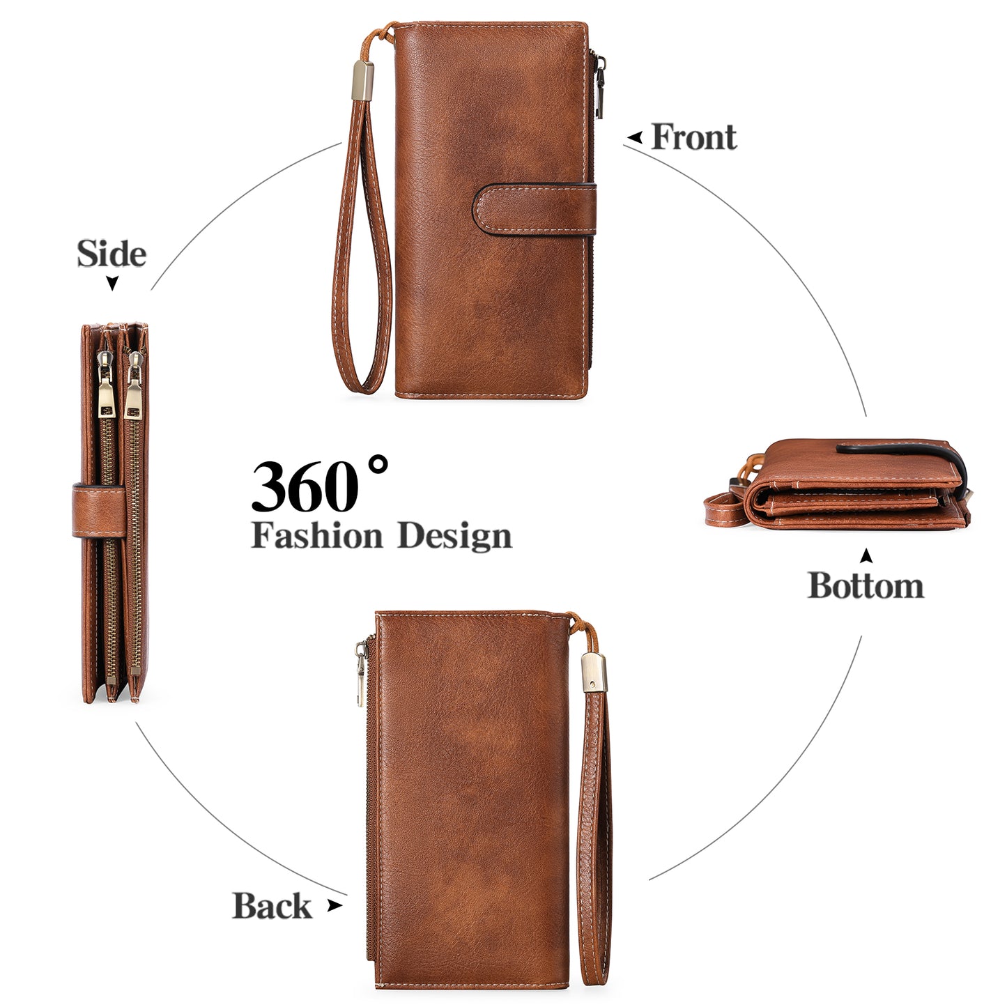 FALAN MULE Women Leather Wallet Large Capacity Bifold RFID Blocking Card Holder with Double Zipper Coin Pocket