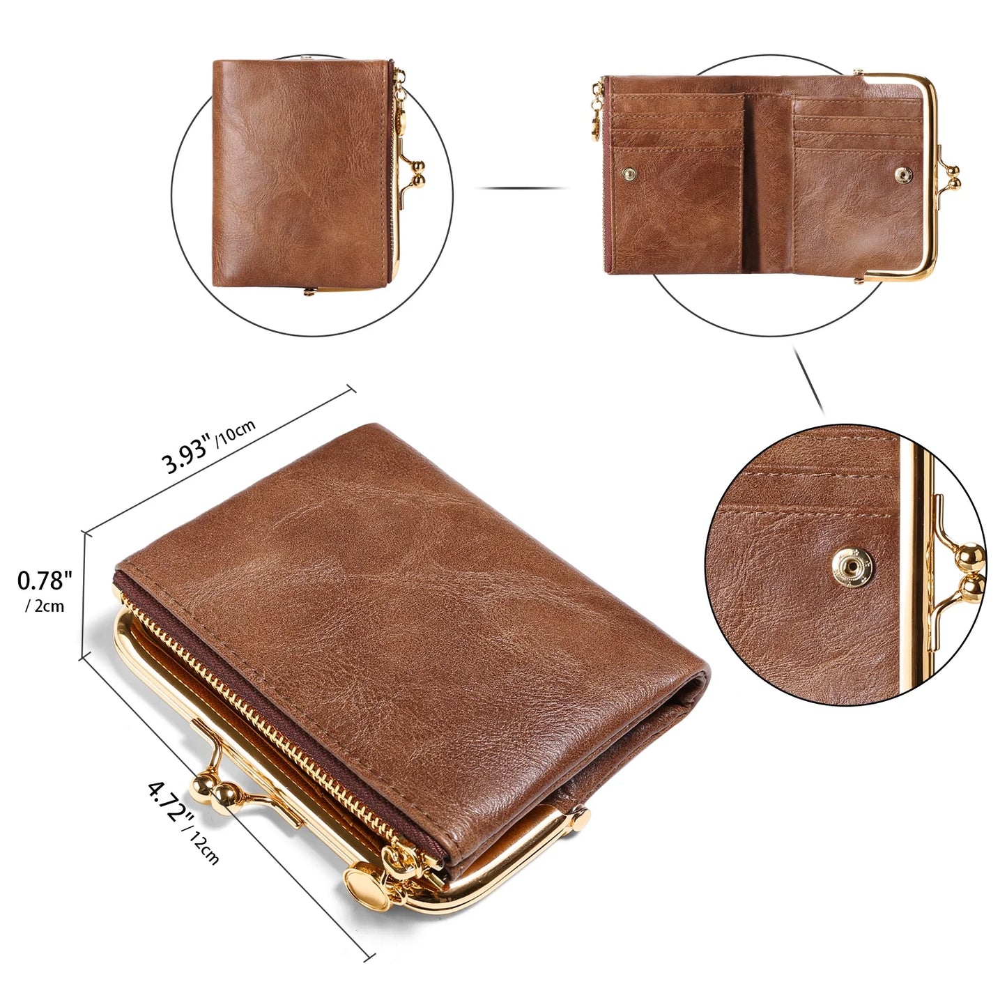 FALAN MULE Wallet Women Small RFID Blocking Bifold Leather Wallets for Women Vintage Coin Purse With Zipper and Kiss Lock