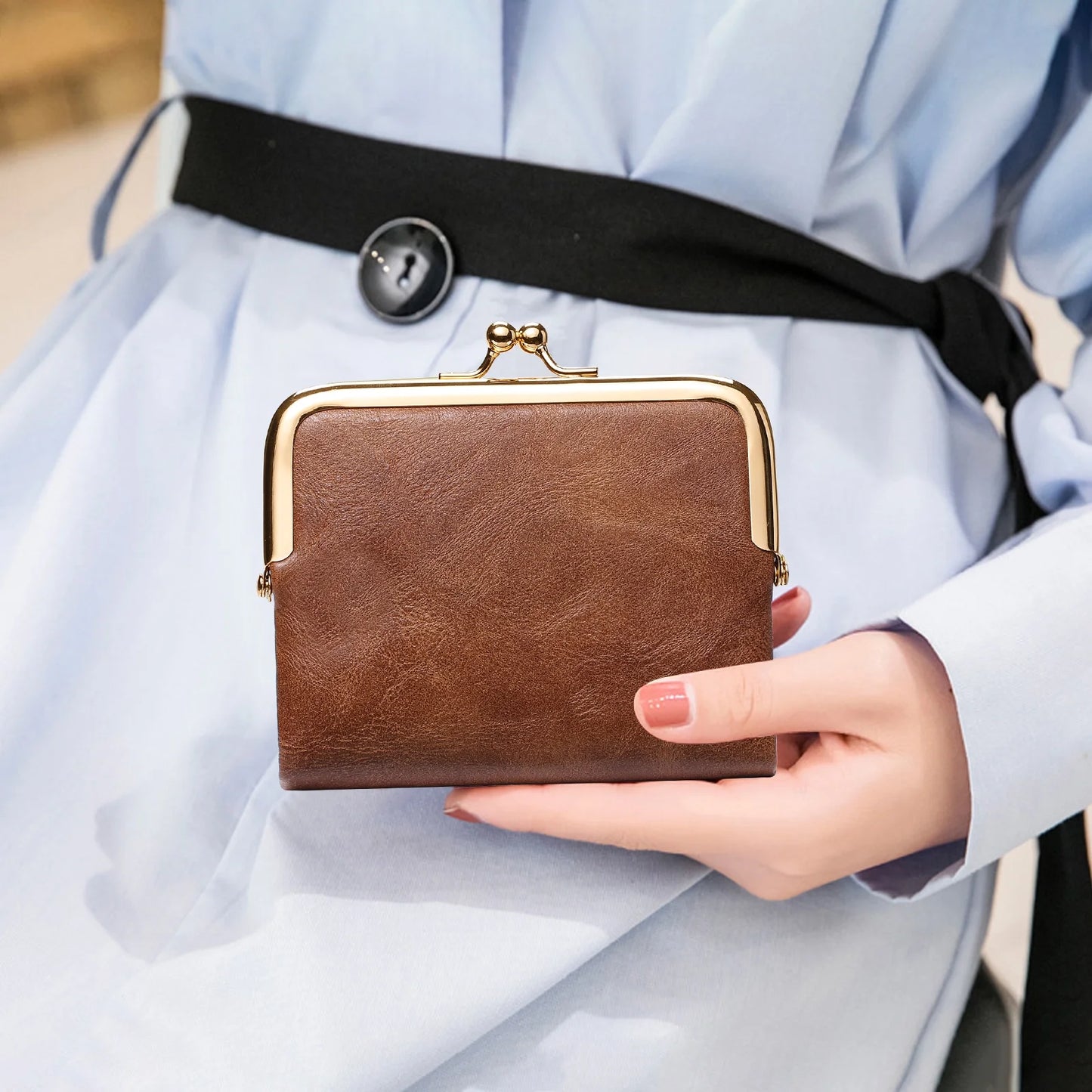 FALAN MULE Wallet Women Small RFID Blocking Bifold Leather Wallets for Women Vintage Coin Purse With Zipper and Kiss Lock