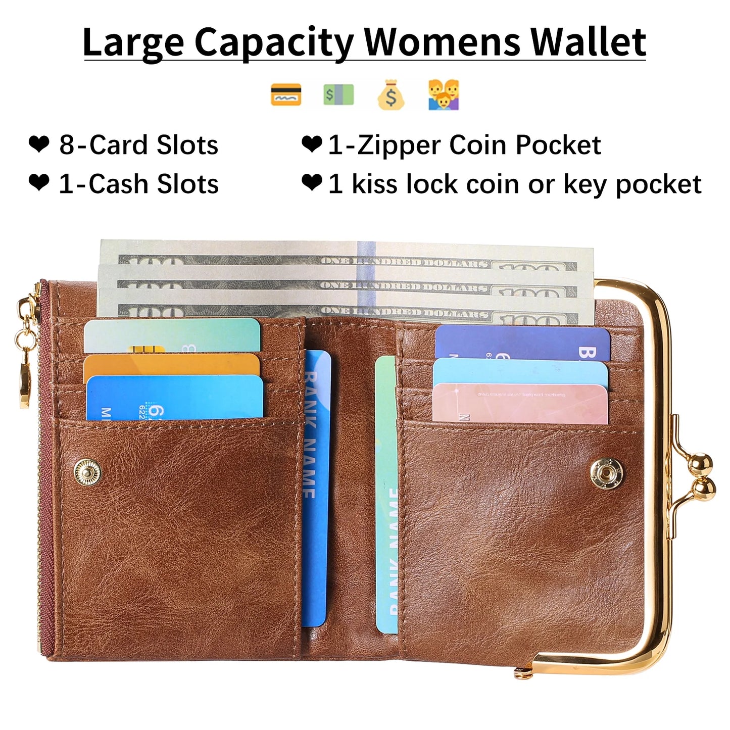 FALAN MULE Wallet Women Small RFID Blocking Bifold Leather Wallets for Women Vintage Coin Purse With Zipper and Kiss Lock