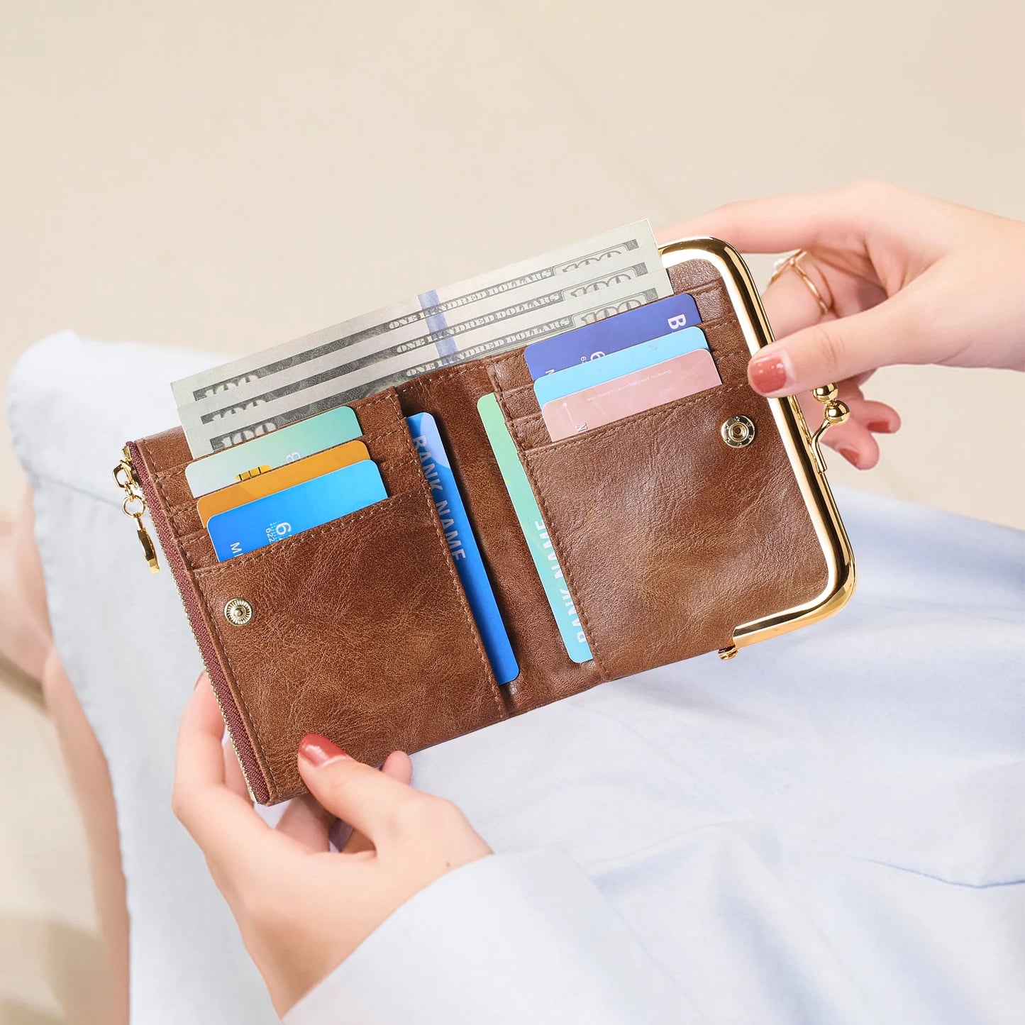FALAN MULE Wallet Women Small RFID Blocking Bifold Leather Wallets for Women Vintage Coin Purse With Zipper and Kiss Lock