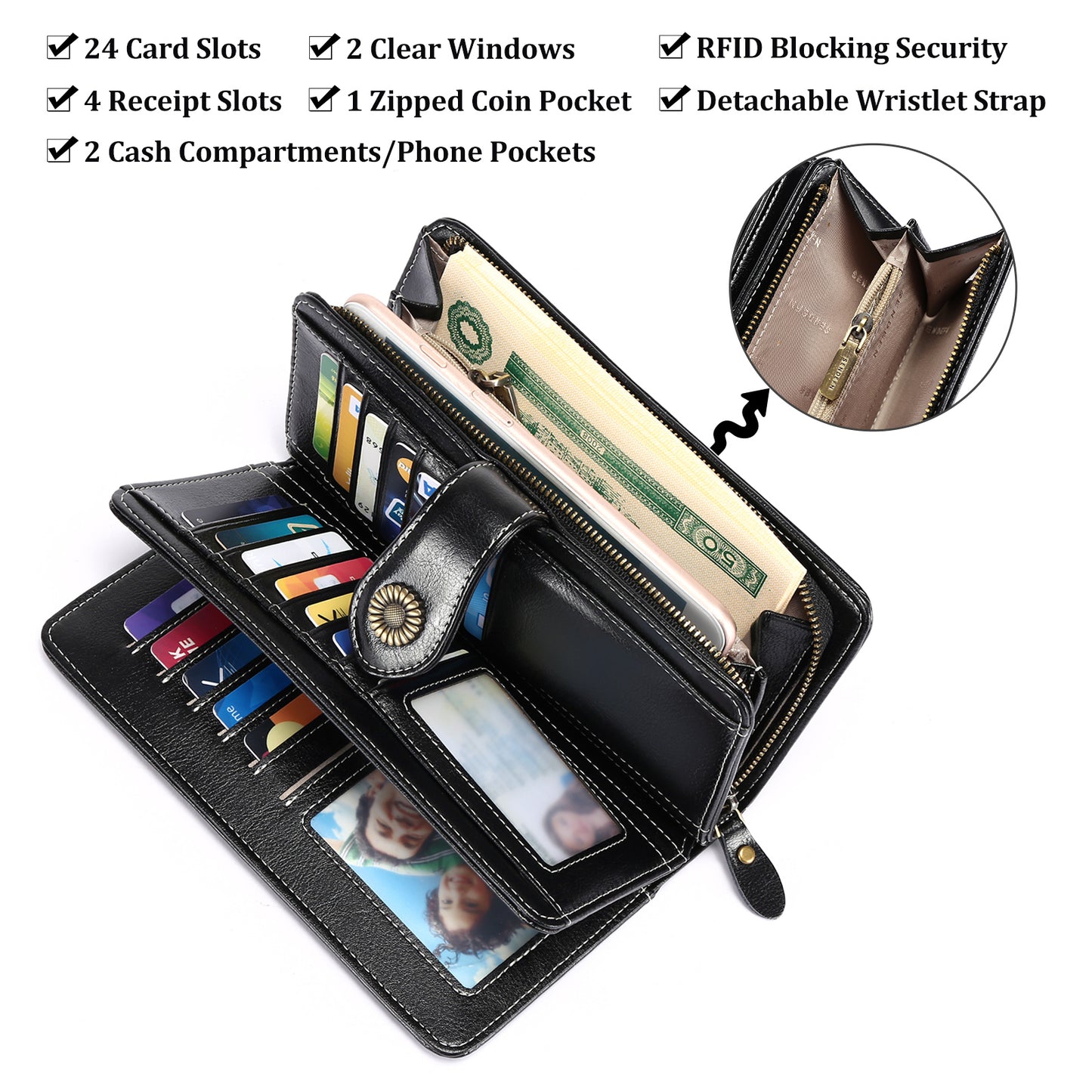 FALAN MULE Wristlet Wallets for Women Genuine Leather RFID Blocking Large Capacity Trifold Ladies Wallet