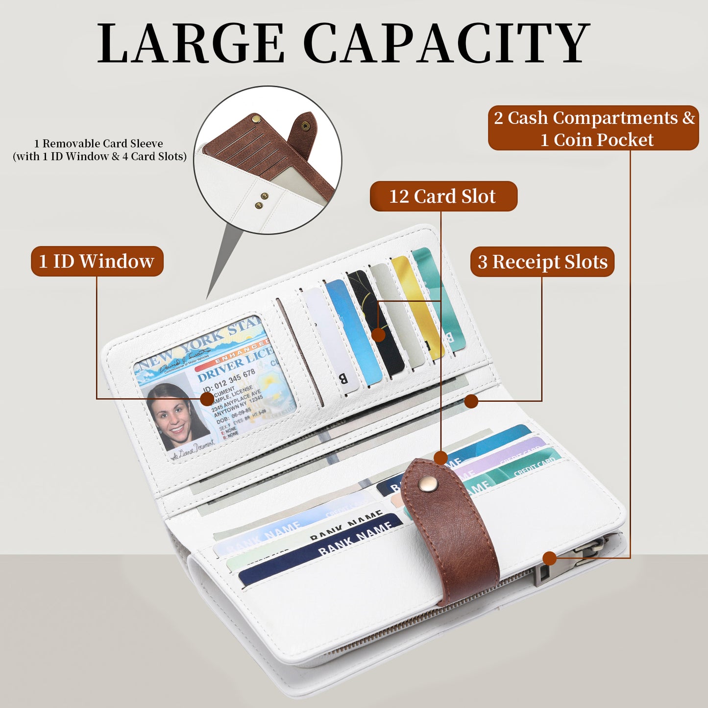 FALAN MULE Women Genuine Leather Wallet Large Capacity Bifold RFID Blocking Card Holder with Zipper Coin Pocket