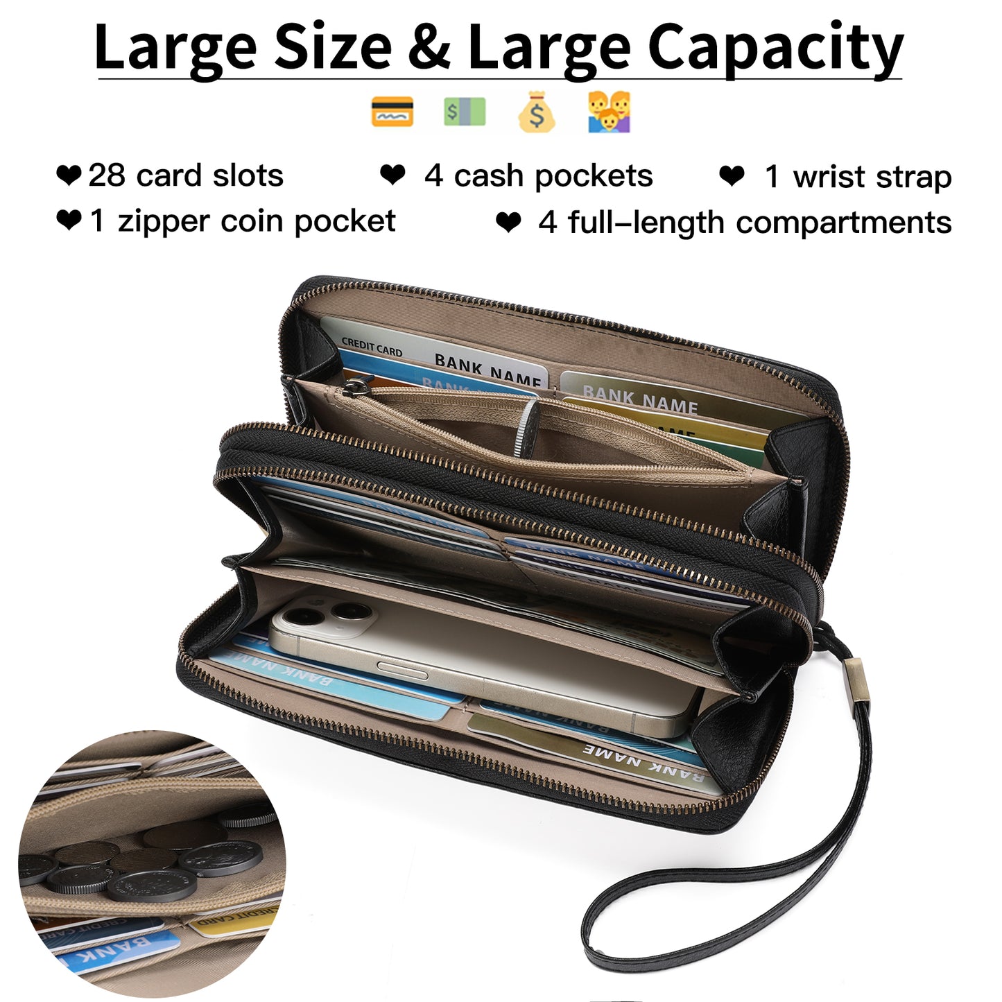 FALAN MULE Wallet for Women RFID Blocking Leather Large Capacity Zip Around Ladies Card Holdr Phone Purse Wristlet