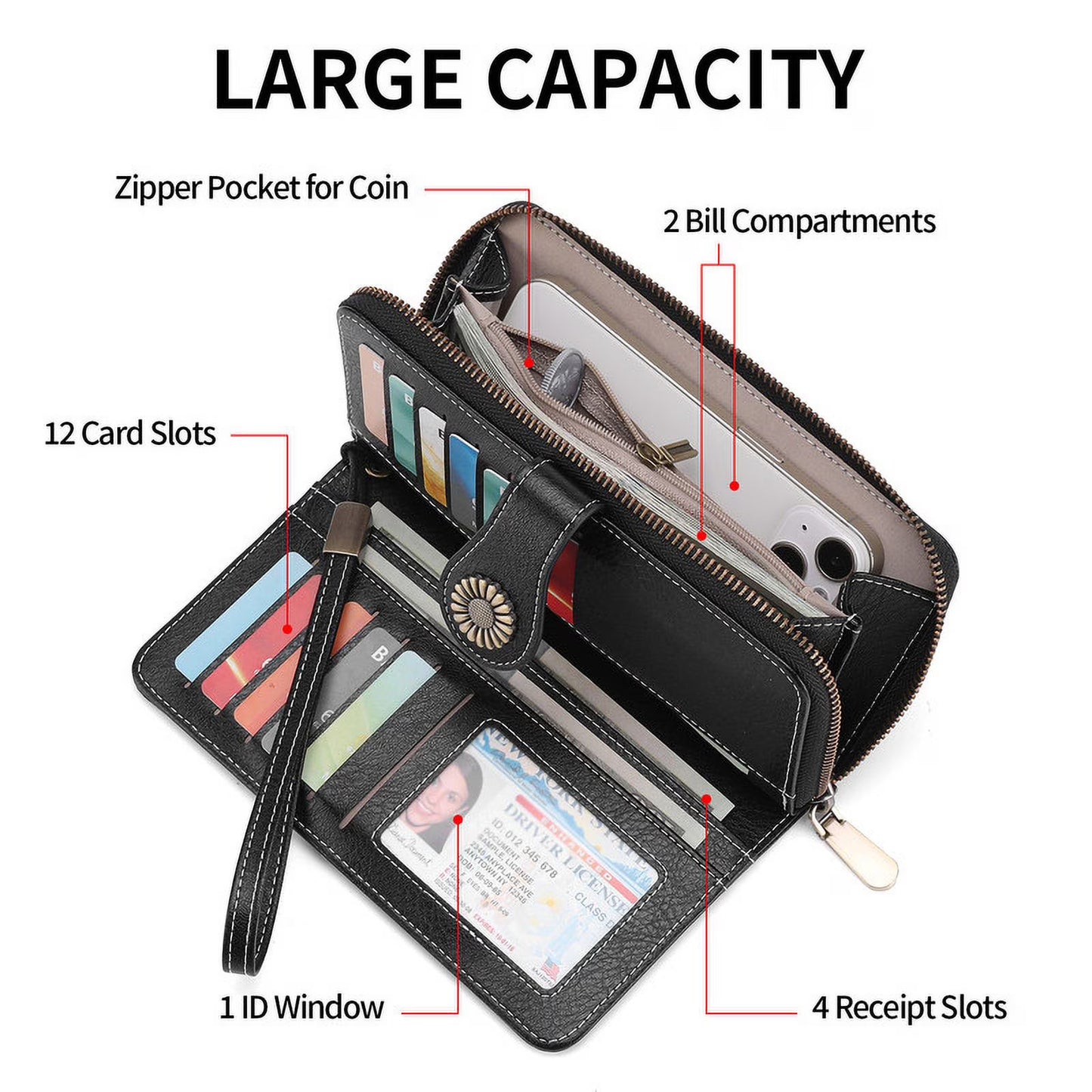 FALAN MULE Women Leather Wallet Large Capacity Bifold RFID Blocking Card Holder with Zipper Coin Pocket
