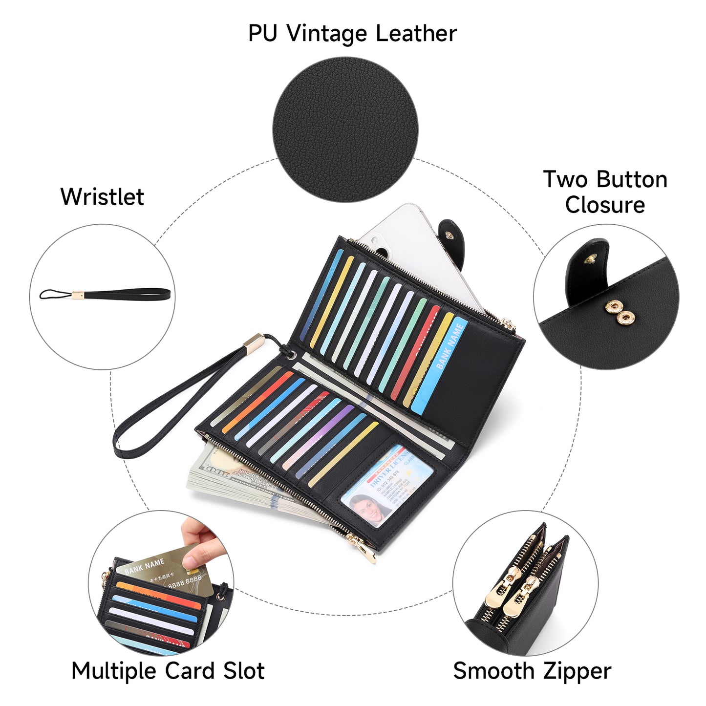 FALAN MULE Wallet Women Multi Card Slim Leather RFID Blocking Credit Card Holder Wallet Purse with Zipper Pocket