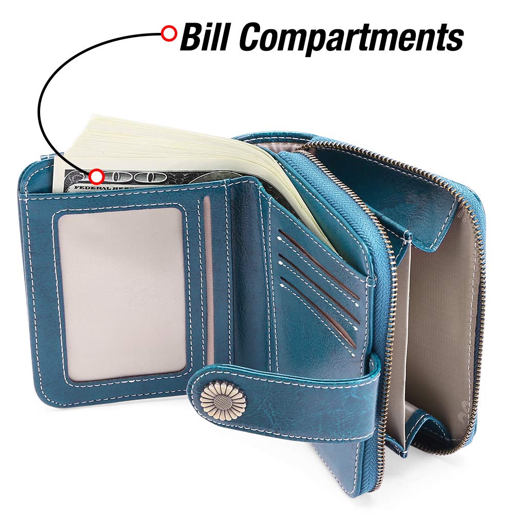 FALAN MULE Small Wallet for Women Leather RFID Blocking Bifold Zipper Pocket Card Holder with ID Window
