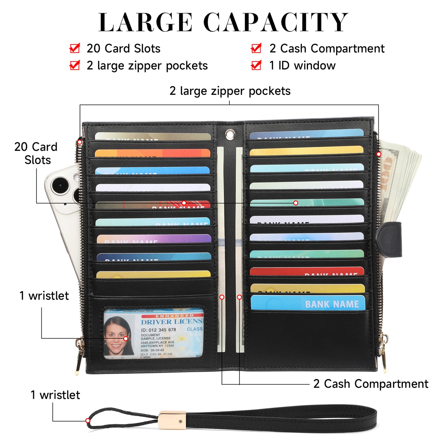 FALAN MULE Wallet Women Multi Card Slim Leather RFID Blocking Credit Card Holder Wallet Purse with Zipper Pocket