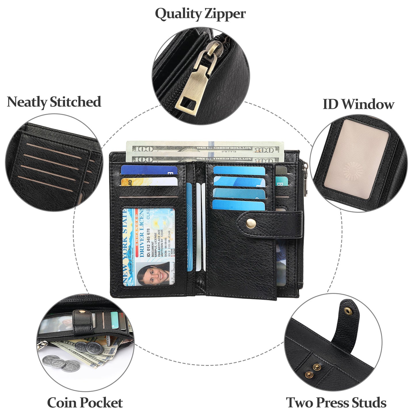 FALAN MULE Small Wallet for Women RIFD Leather Bifold Credit Card Holder with 3 ID Window