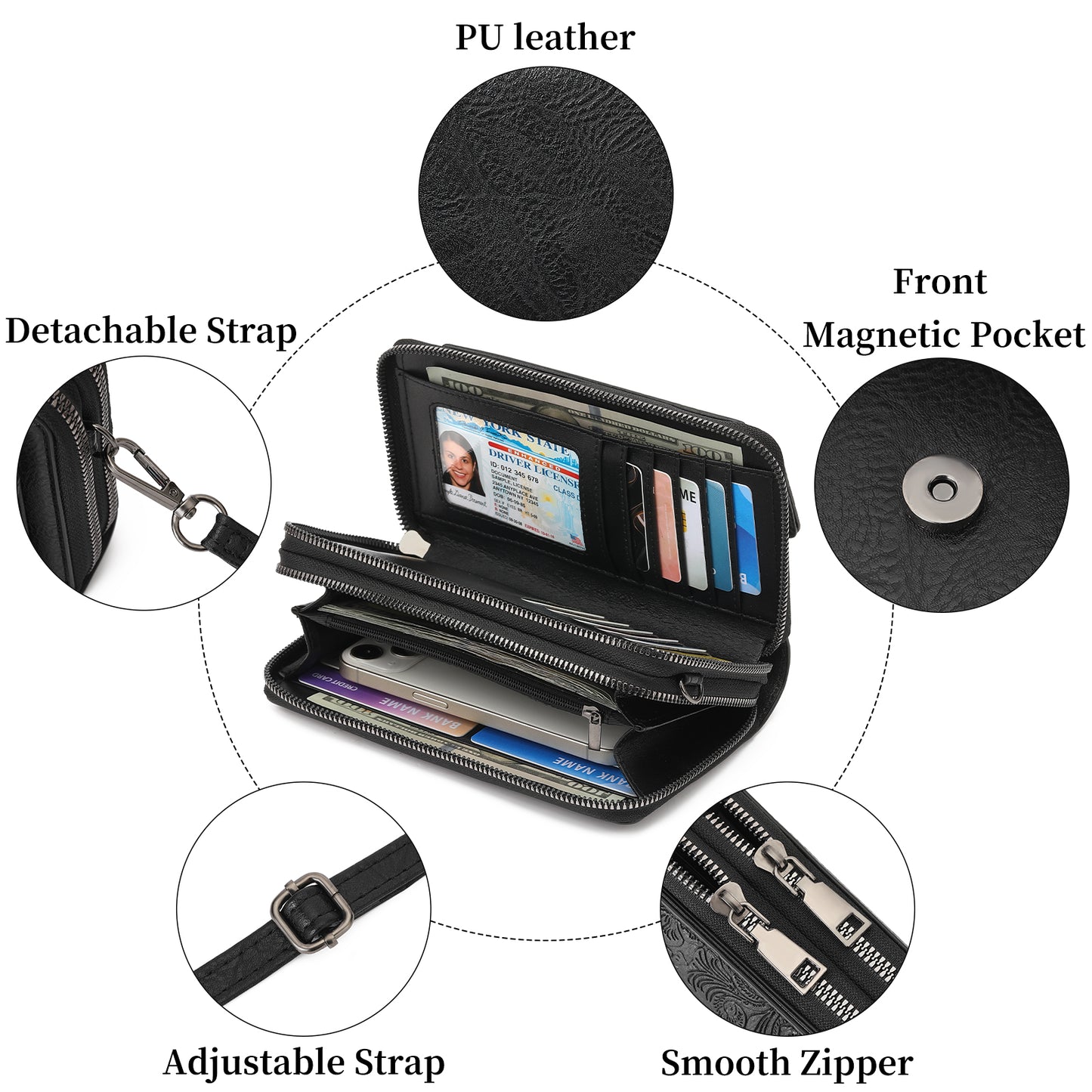 FALAN MULE Crossbody Bags for Women Small Leather Cell Phone Wallet Wristlet Purse with Zip Around 2 Strap