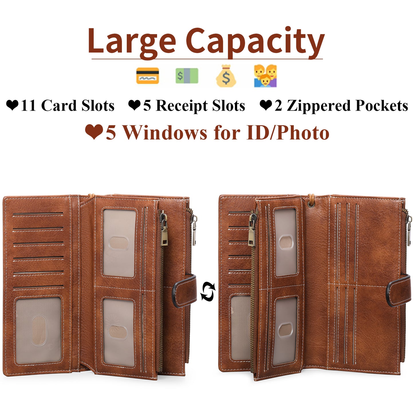 FALAN MULE Women Leather Wallet Large Capacity Bifold RFID Blocking Card Holder with Double Zipper Coin Pocket