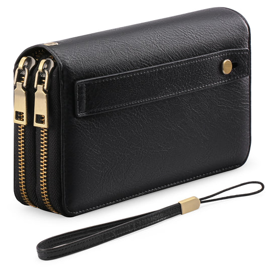 FALAN MULE Wallet for Women Double Zipper Phone Clutch RFID Blocking Vegan Leather Wristlet Purse Large Capacity Long Credit Card Holder with Grip Hand Strap