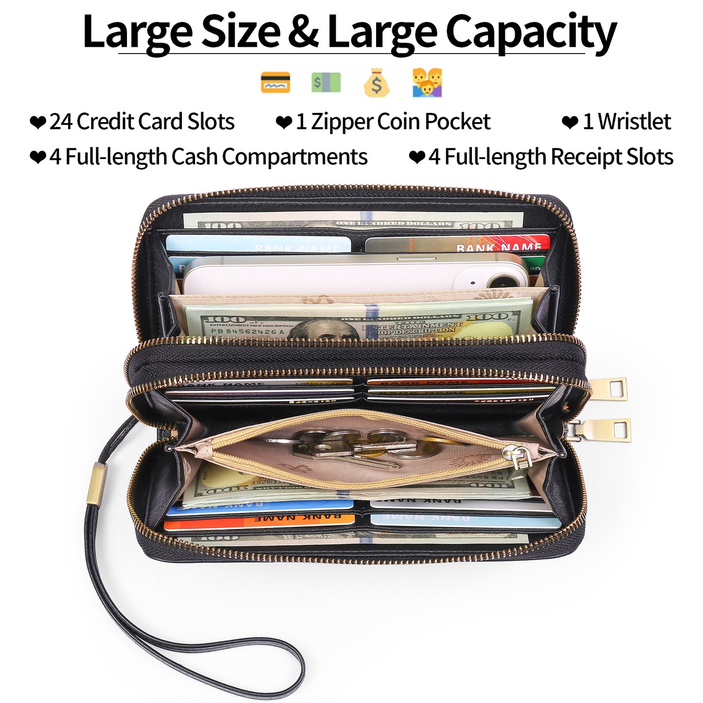 FALAN MULE Wallet for Women Double Zipper Phone Clutch RFID Blocking Vegan Leather Wristlet Purse Large Capacity Long Credit Card Holder with Grip Hand Strap