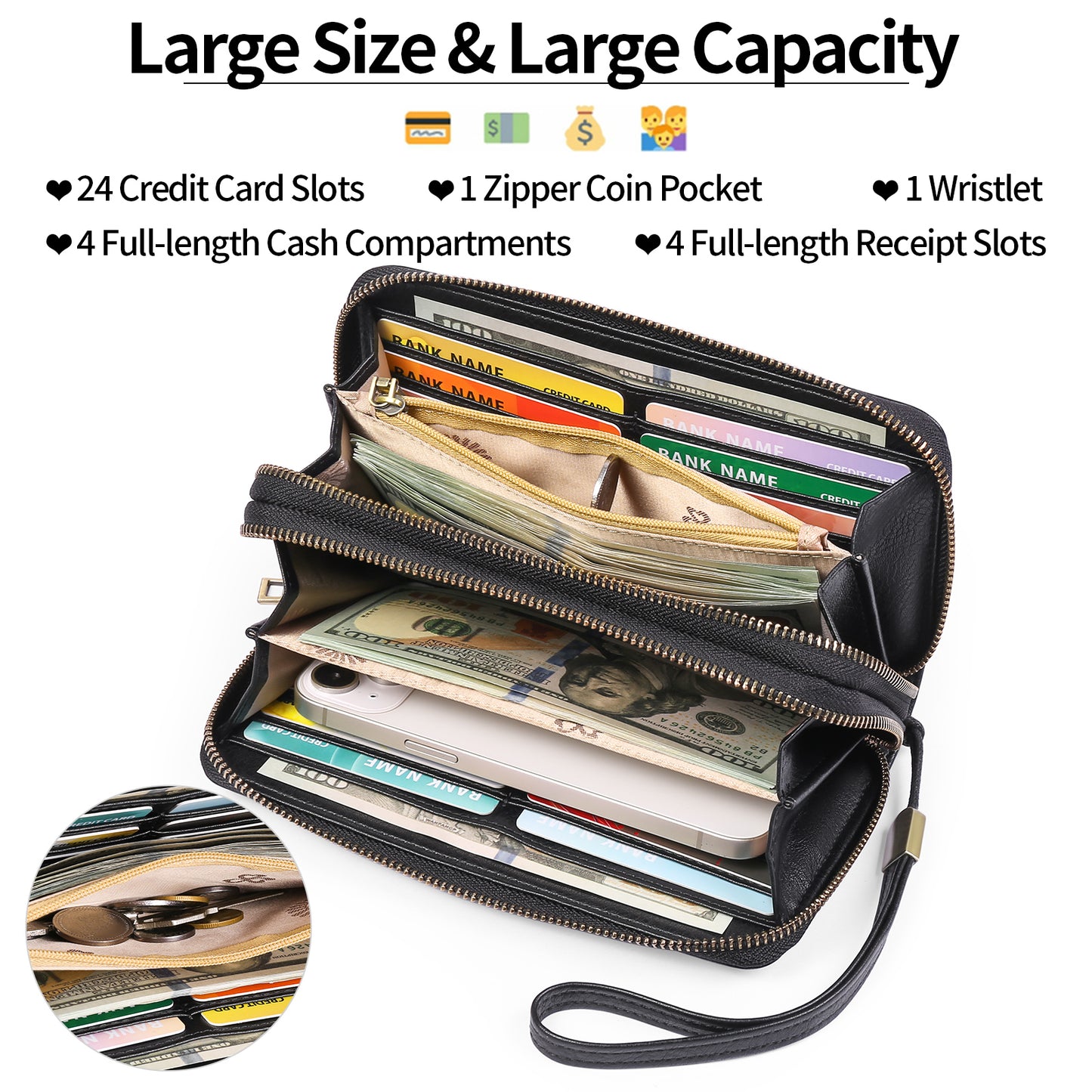 FALAN MULE Wallet for Women Double Zipper Phone Clutch RFID Blocking Vegan Leather Wristlet Purse Large Capacity Long Credit Card Holder with Grip Hand Strap