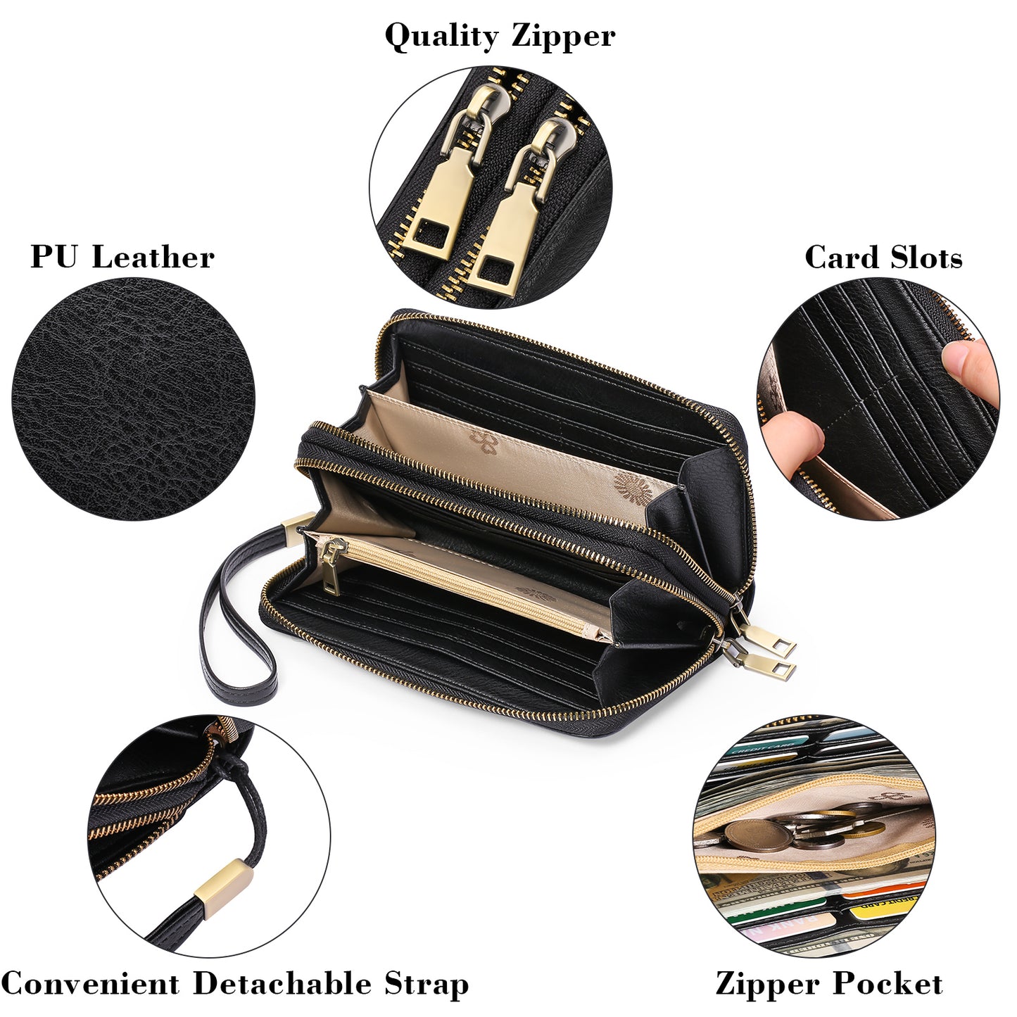 FALAN MULE Wallet for Women Double Zipper Phone Clutch RFID Blocking Vegan Leather Wristlet Purse Large Capacity Long Credit Card Holder with Grip Hand Strap