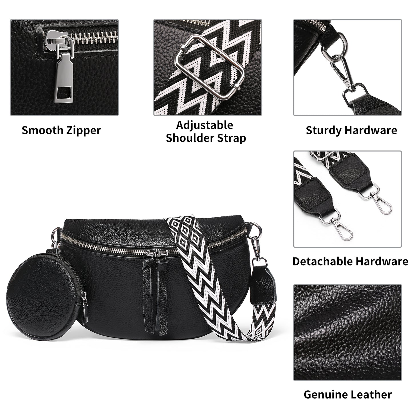 FALAN MULE Crossbody Bag for Women Genuine Leather Trendy Design Fanny Pack with Adjustable Strap