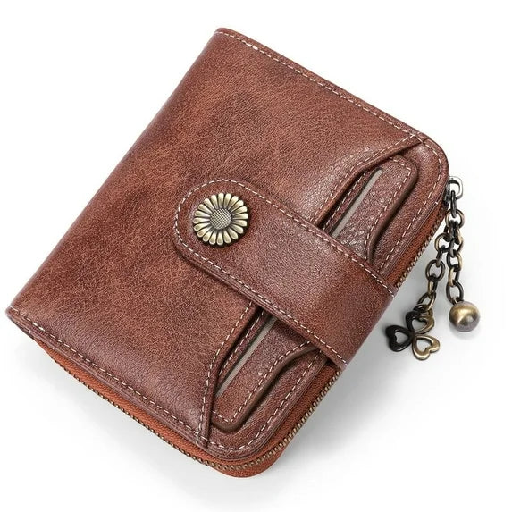 FALAN MULE Small Wallet for Women Leather RFID Blocking Bifold Zipper Pocket Card Holder with ID Window