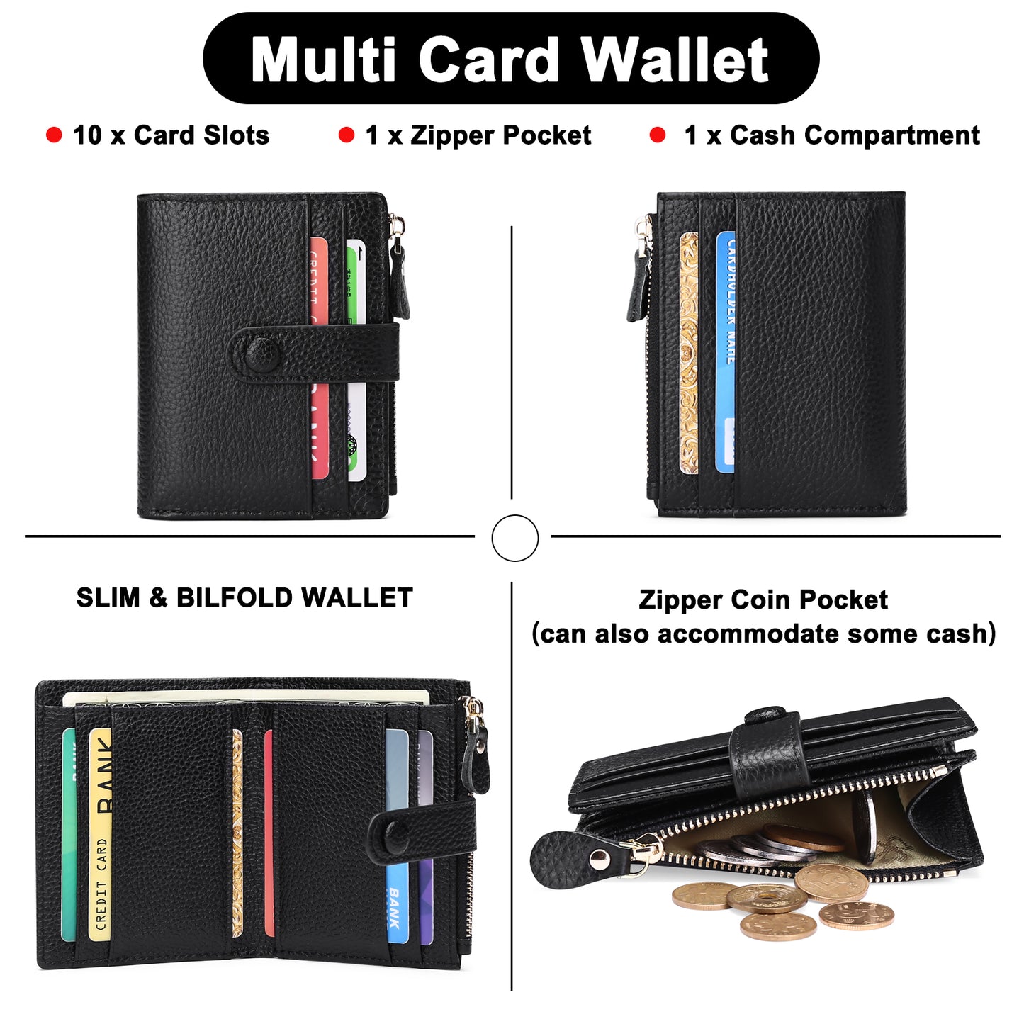 FALAN MULE Small Wallets for Women RFID Blocking Slim Bifold Leather Womens Wallet with Zipper Coin Purse