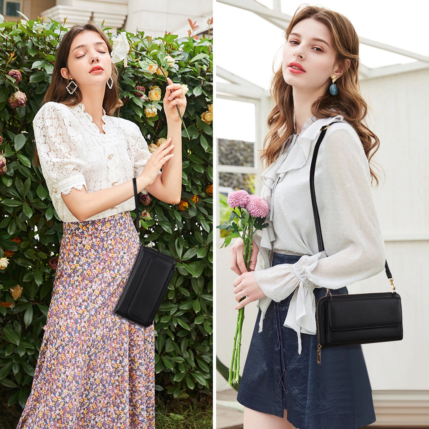 FALAN MULE Rfid Wallet Purse Wristlet Crossbody Bag for Women PU Leather Ladies Clutch with 2 Straps