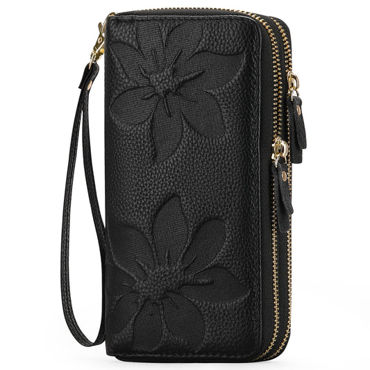 FALAN MULE Women's Wallet Large Capacity Double Zip Around Credit Card Holder Leather Ladies Wallet with RFID Blocking Phone Wristlet Purse