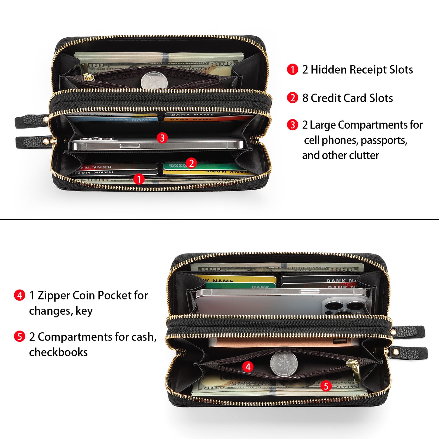 FALAN MULE Women's Wallet Large Capacity Double Zip Around Credit Card Holder Leather Ladies Wallet with RFID Blocking Phone Wristlet Purse