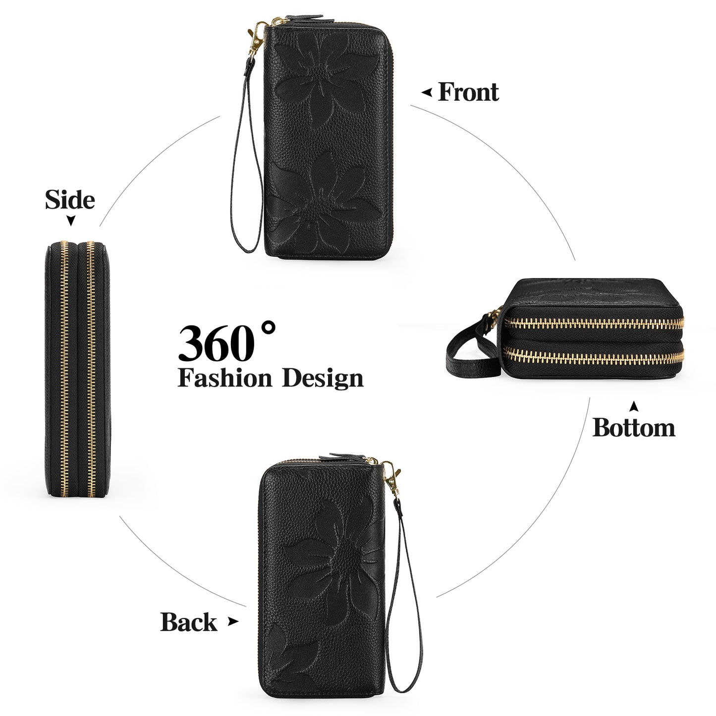 FALAN MULE Women's Wallet Large Capacity Double Zip Around Credit Card Holder Leather Ladies Wallet with RFID Blocking Phone Wristlet Purse