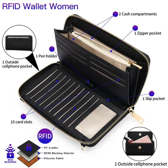 FALAN MULE Wallet for Women Phone Clutch RFID Blocking Vegan Leather Wristlet Purse Large Capacity Long Credit Card Holder with Grip Hand Strap