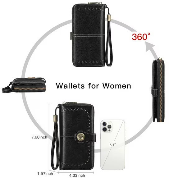 FALAN MULE Women Leather Wallet Large Capacity Bifold RFID Blocking Card Holder with Zipper Coin Pocket