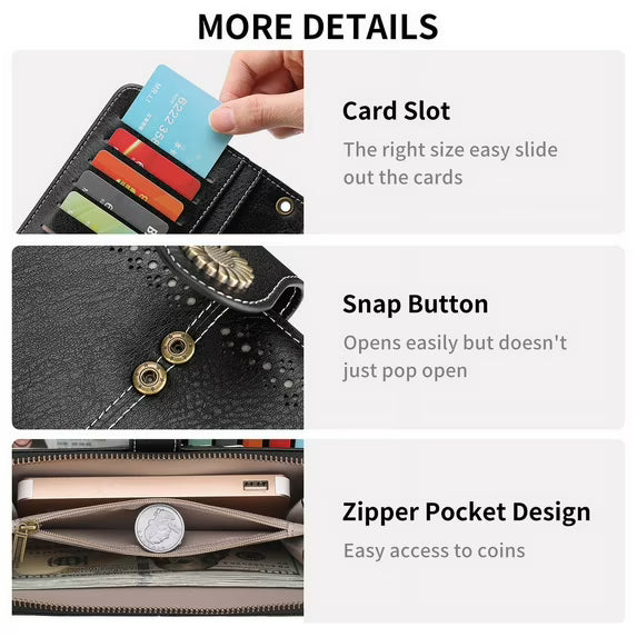 FALAN MULE Women Leather Wallet Large Capacity Bifold RFID Blocking Card Holder with Zipper Coin Pocket