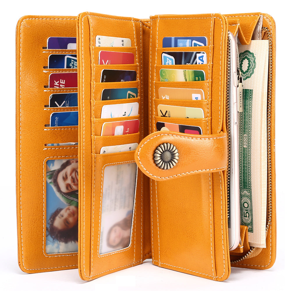 FALAN MULE Wristlet Wallets for Women Genuine Leather RFID Blocking Large Capacity Trifold Ladies Wallet